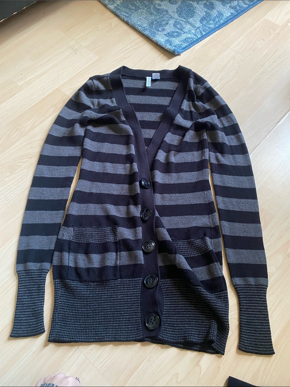 Full Tilt Striped V-Neck Button Cardigan - Black & Gray